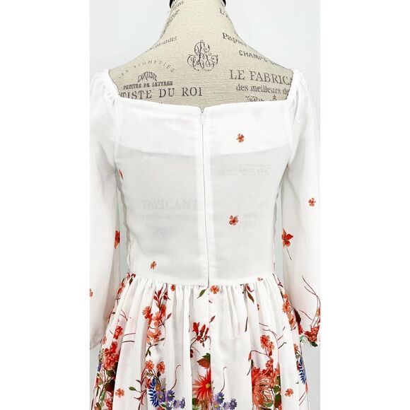 MAISON NWT Tara Floral Smocked White Midi Square Neck Dress SIZE 8 - Picture 3 of 12